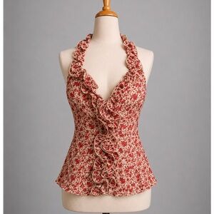 Y2K Red Floral Ruffle HalterTop, Vintage Mandee Size M Romantic Feminine Boho